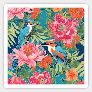 Modern chinoiserie kingfishers and peonies on navy blue Sticker